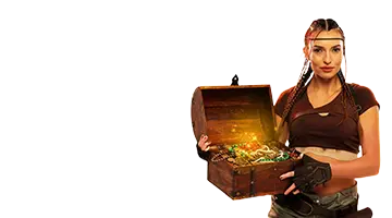 A treasure hunter character holding a chest full of gold and jewels represents the welcome bonus at Eldorado Casino. New players receive rewards for registration and their first deposit.