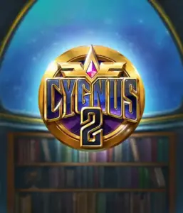 Discover the enchanting artwork of Cygnus 2 Slot by ELK Studios, featuring a spectacular emblem with a bright design in purple and gold. Positioned against a celestial background of a library, this image conjures the essence of adventure and mystery. 